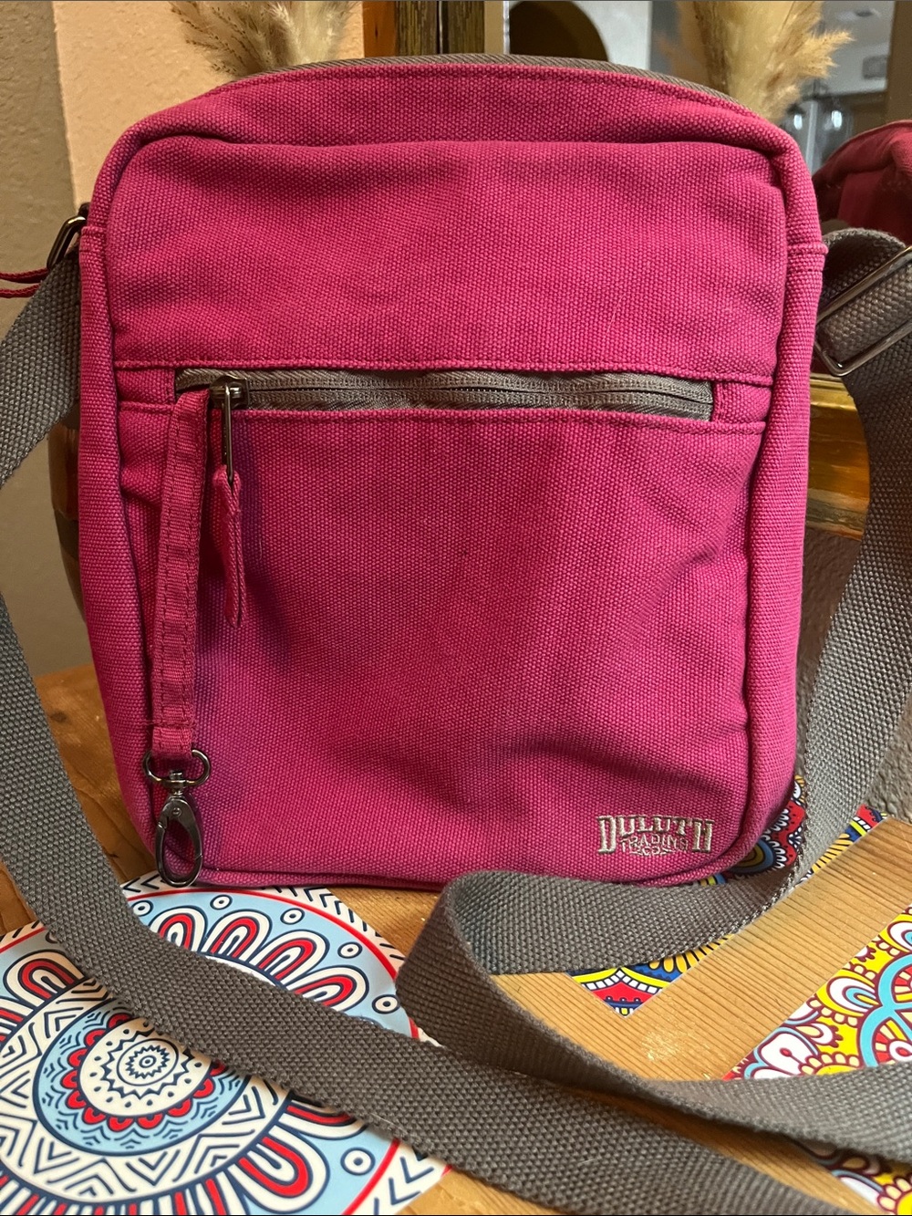 Duluth Trading Co Magenta Canvas Crossbody Bag with Gray Strap